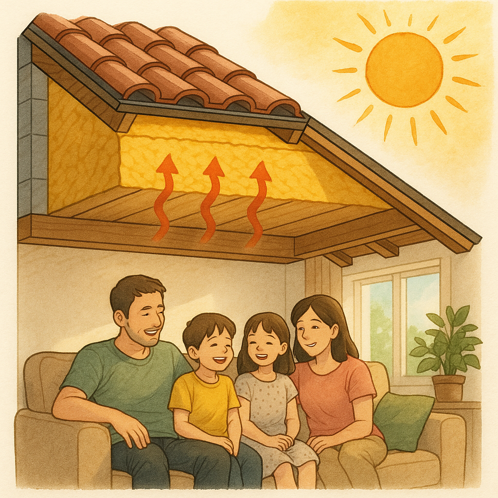 断熱材が施工された屋根の断面図と、快適に過ごす家族の様子を組み合わせた、温度管理と居住性を表現するイ