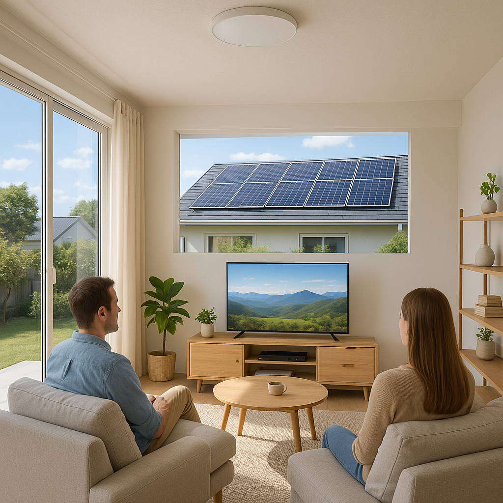 明るいリビングルームでテレビを観ながら、屋根に設置されたソーラーパネルから効率的に電力を供給されてい