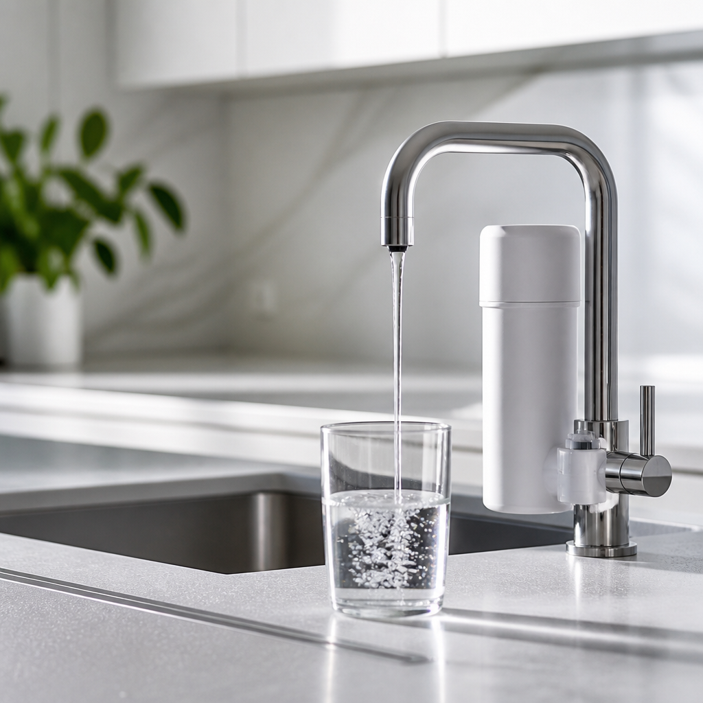 Modern Water Purifier System on Kitchen Sink with Clear Water in Glass