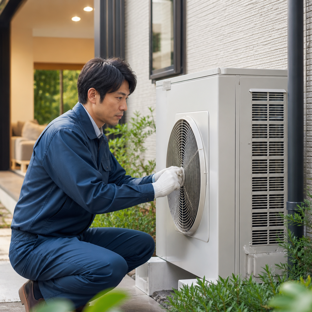 Professional Technician Inspecting EcoCute Heat Pump Unit in Clean Residential S